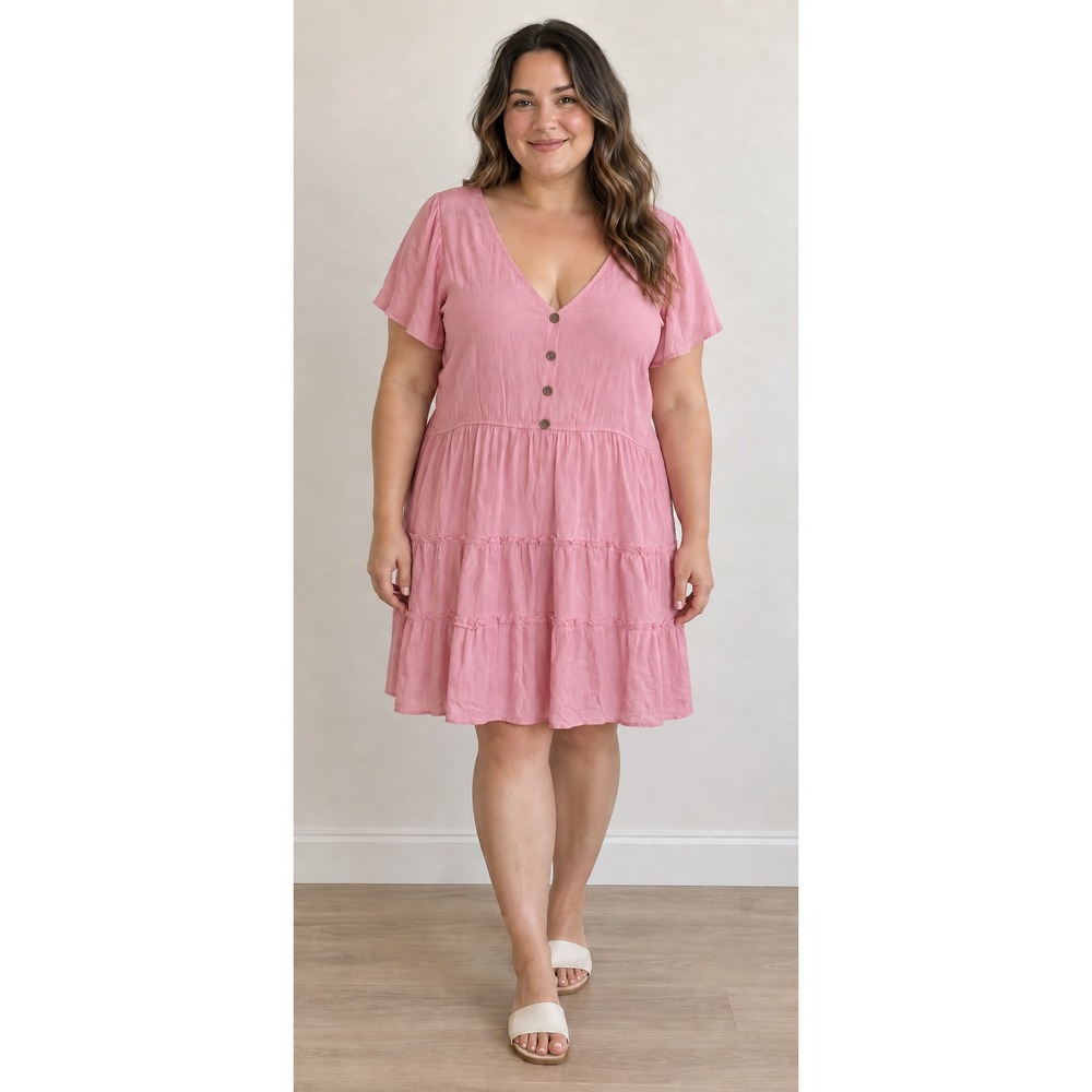 Rue 21 Pink Tiered Babydoll Dress V-Neck Button Front Flutter Sleeve XL